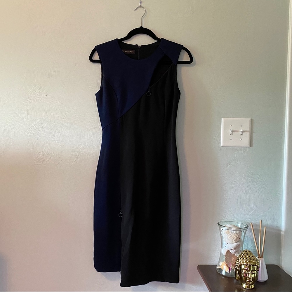 Versace Black & Navy Sheath Dress W/ Zipper Detail
